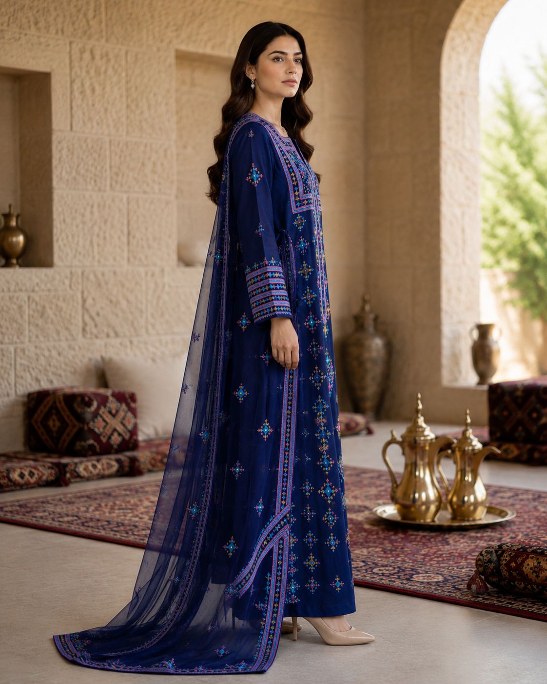 Ward Al Jouri Luxury Omani Mukhawar with Embroidered Shela – Midnight Blue