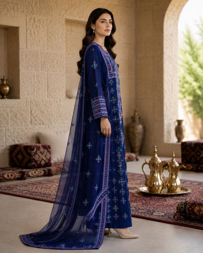 Ward Al Jouri Luxury Omani Mukhawar with Embroidered Shela – Midnight Blue