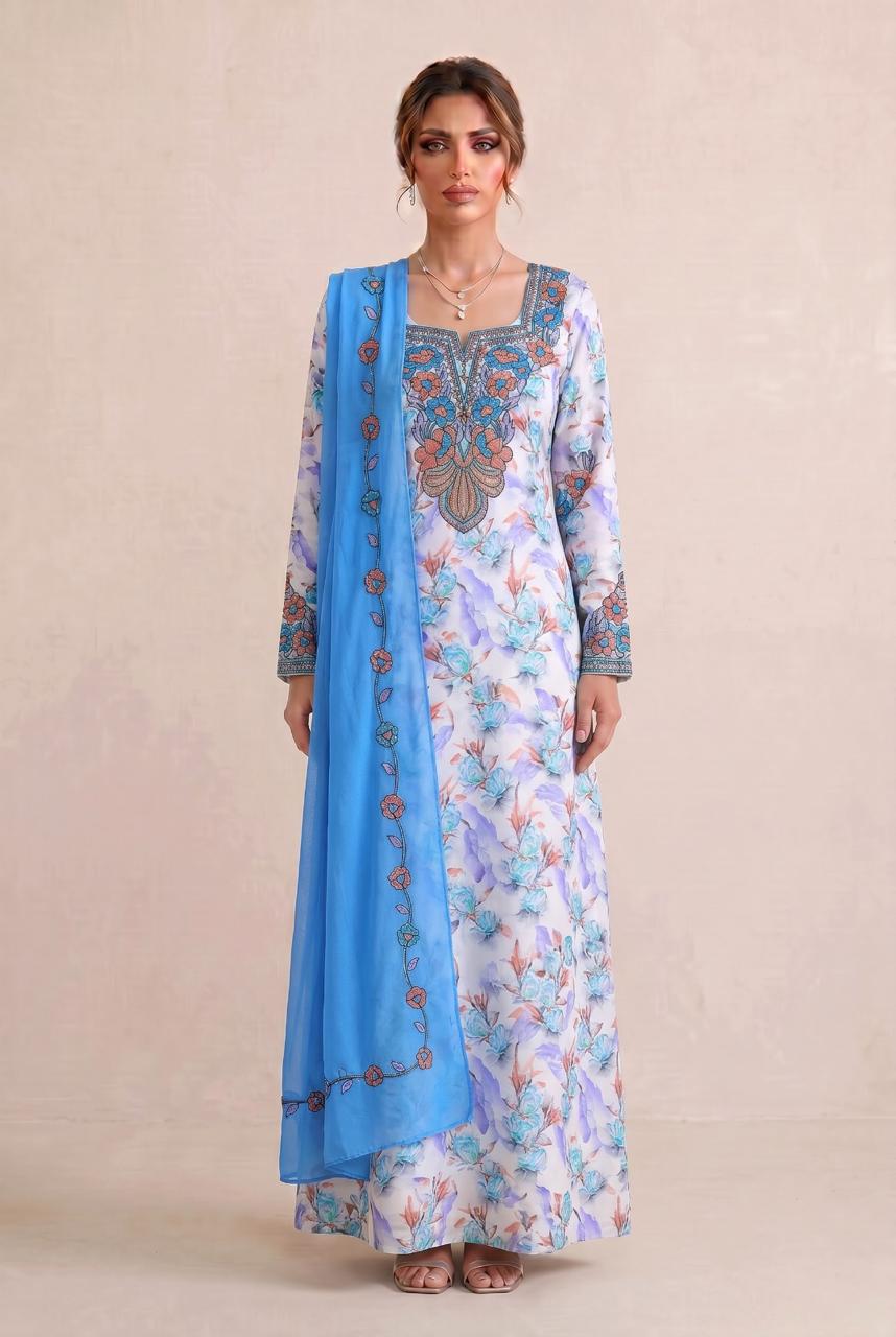Premium Designer Mukhawar – Soft White & Sky Blue  Floral Ensemble - (B 6)