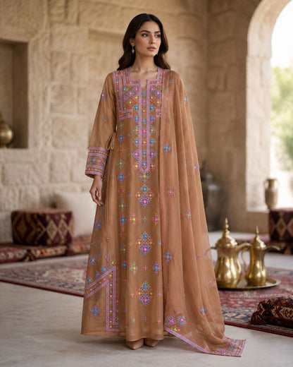 Ward Al Jouri Luxury Omani Mukhawar with Embroidered Shela – Desert Beige