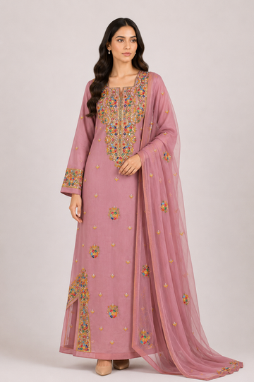 Jawahir Al Khaleej – Luxury Embellished Georgette Mukhawar with Embroidered Shela - Rose Pink
