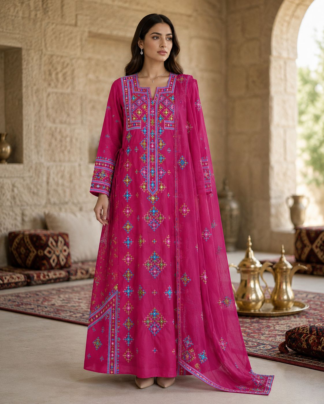 Ward Al Jouri Luxury Omani Mukhawar with Embroidered Shela – Fuchsia Pink