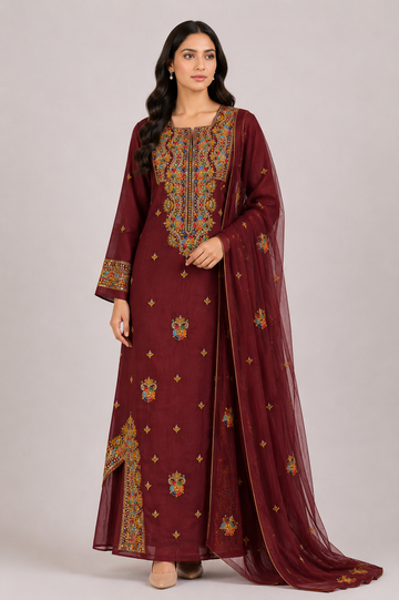 Jawahir Al Khaleej – Luxury Embellished Georgette Mukhawar with Embroidered Shela - Deep Maroon