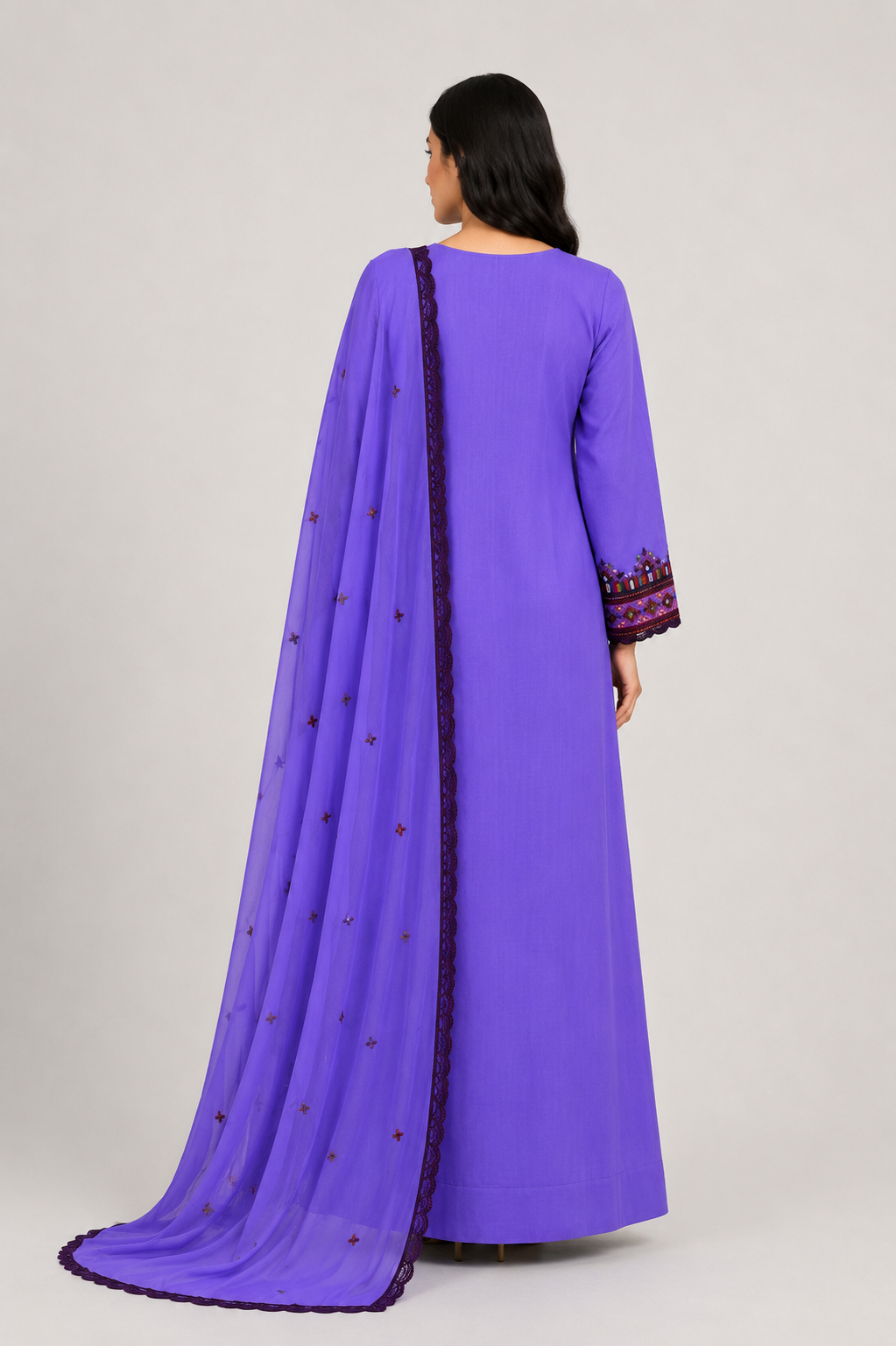 Mukhawar Luxury Hand Embroidered Outfit with Embellished Shaila –Violet Purple