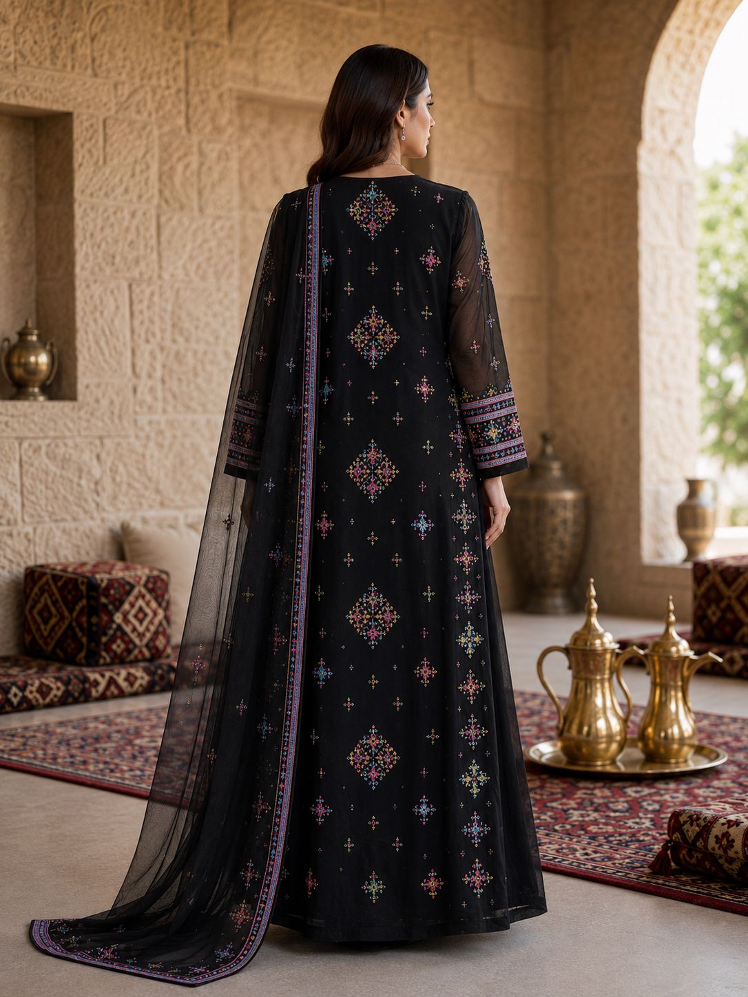 Ward Al Jouri Luxury Omani Mukhawar with Embroidered Shela – Classic Black