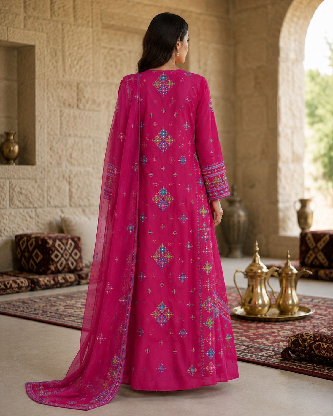 Ward Al Jouri Luxury Omani Mukhawar with Embroidered Shela – Fuchsia Pink