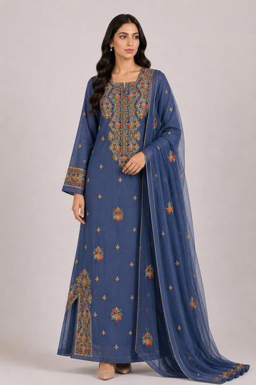 Jawahir Al Khaleej – Luxury Embellished Georgette Mukhawar with Embroidered Shela - Denim Blue