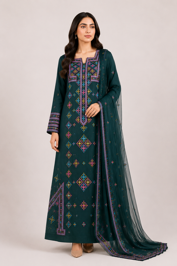 Ward Al Jouri Luxury Omani Mukhawar with Embroidered Shela – Deep Teal Green