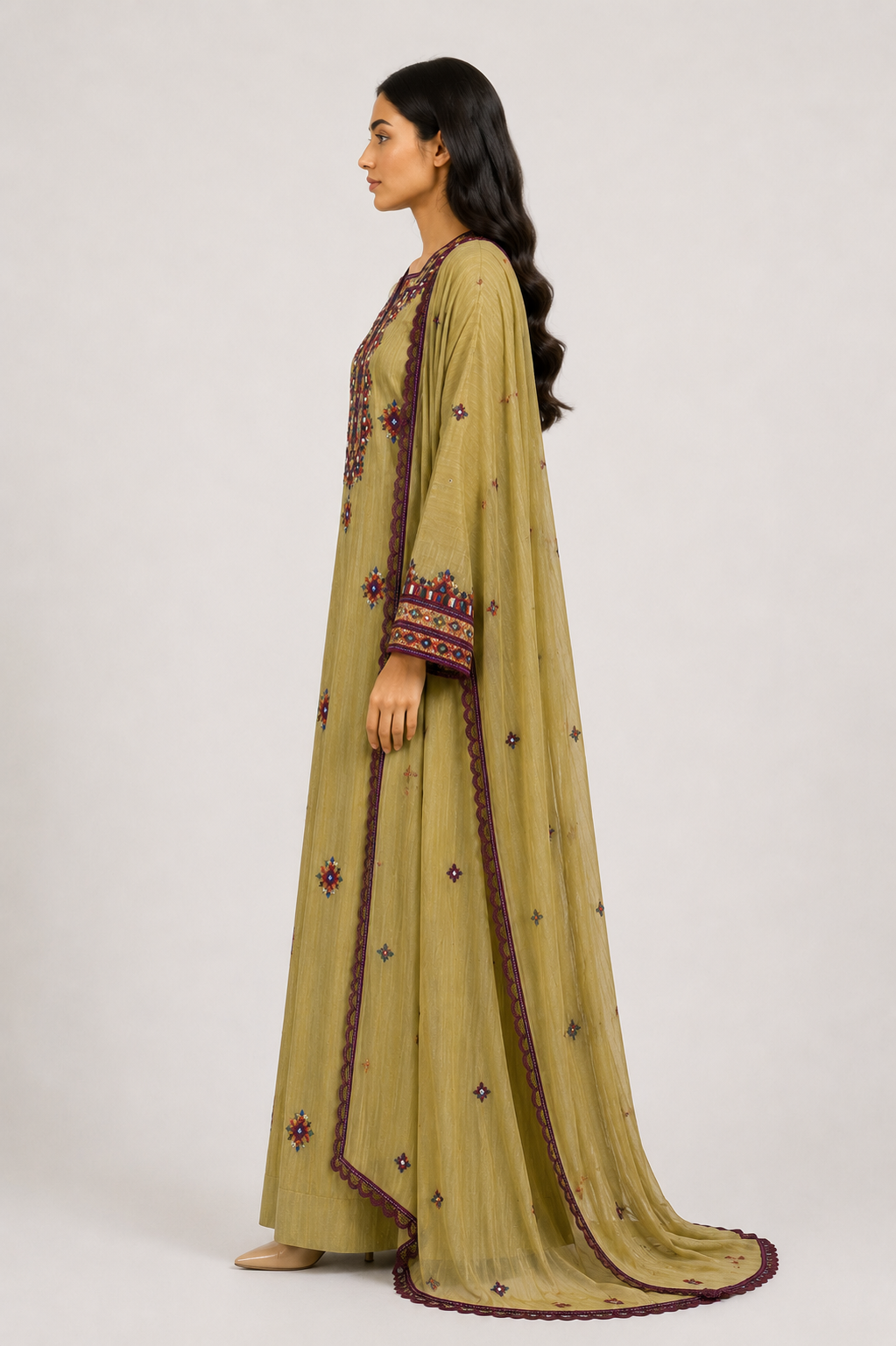 Mukhawar Luxury Hand Embroidered Outfit with Embellished Shaila – Light Olive
