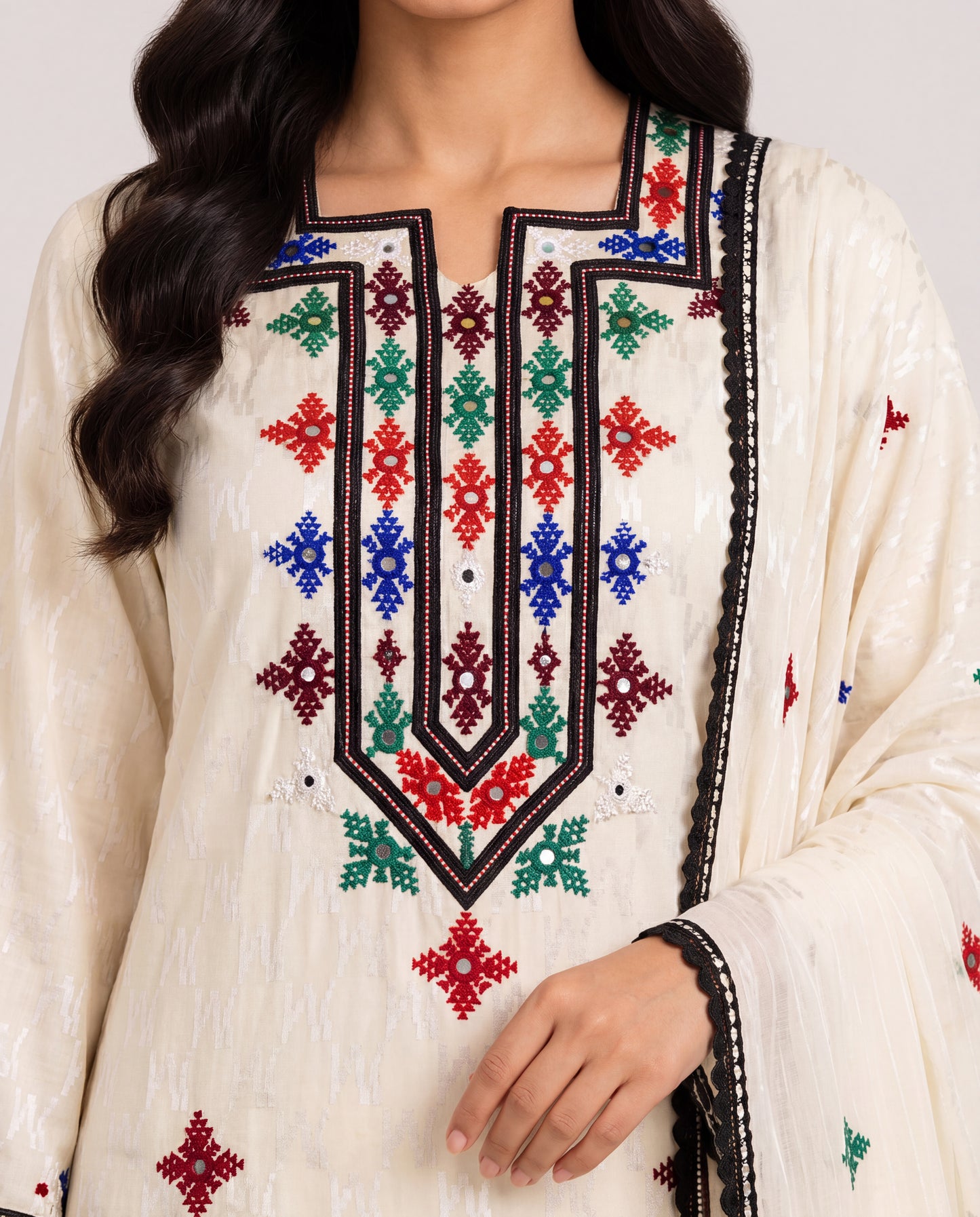 Noor Al Khaleej Luxury Hand Embroidered Mukhawar with Embellished Shaila – Ivory Beige | Premium Korean Crepe