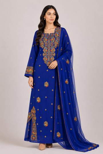 Jawahir Al Khaleej – Luxury Embellished Georgette Mukhawar with Embroidered Shela - Royal Blue