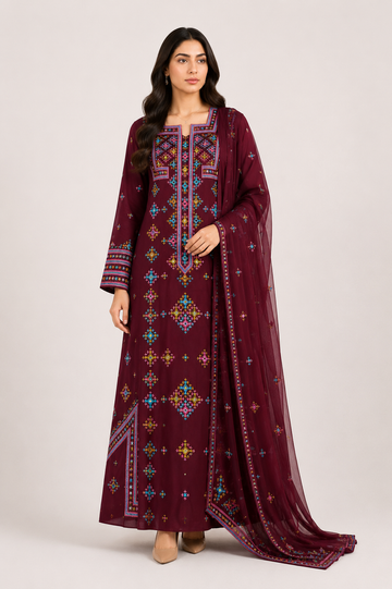 Ward Al Jouri Luxury Omani Mukhawar with Embroidered Shela – Deep Burgundy