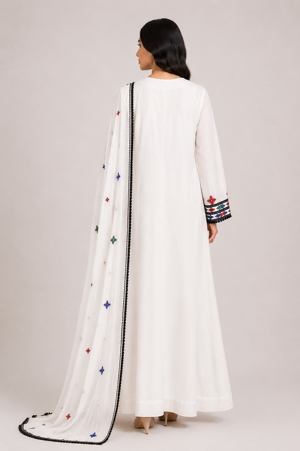 Noor Al Khaleej Luxury Hand Embroidered Mukhawar with Embellished Shaila – Egg White | Premium Korean Crepe