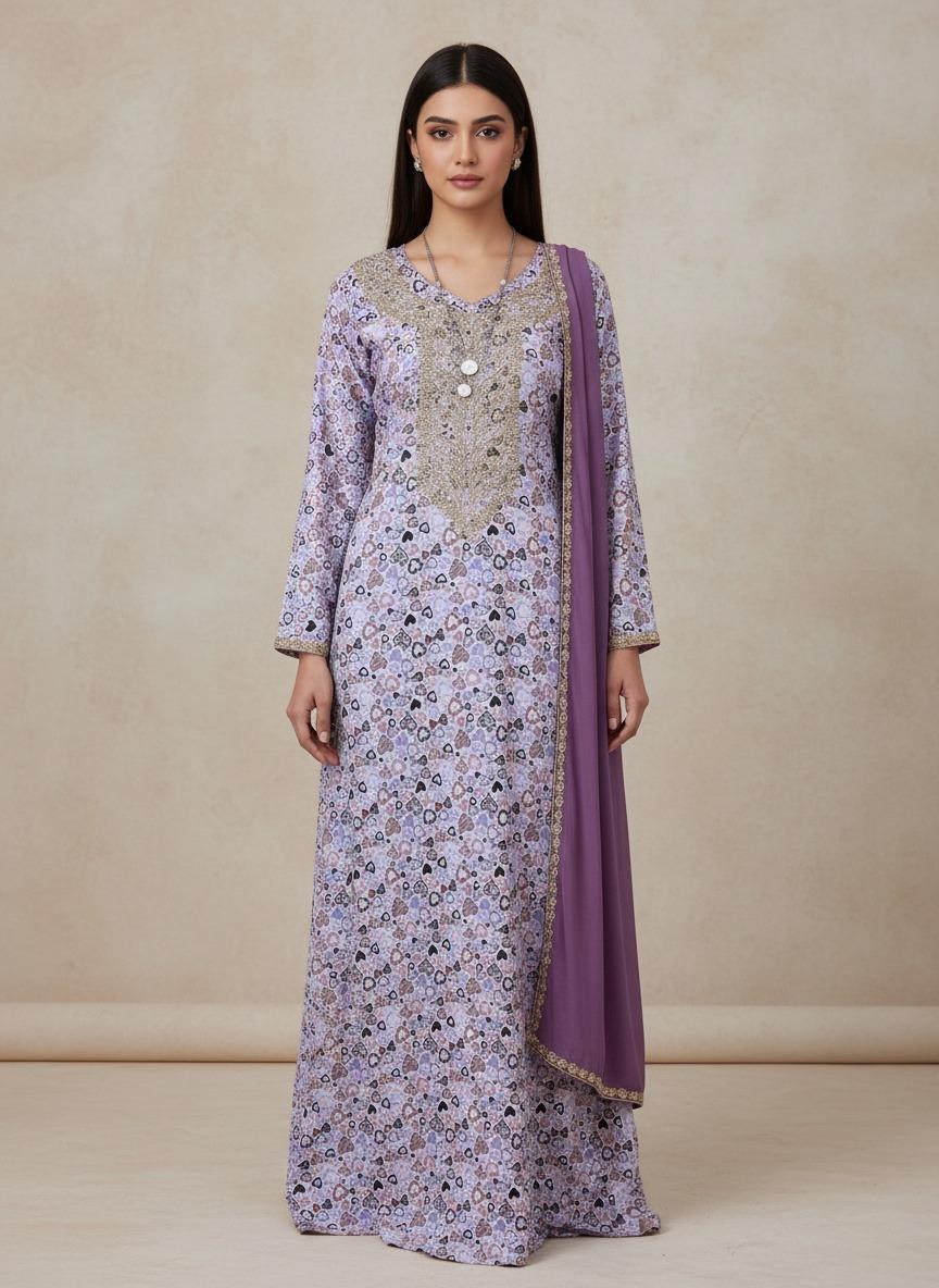 Designer Stone-Embellished Floral Mukhawar with Contrasting Purple Shaila - (A8)