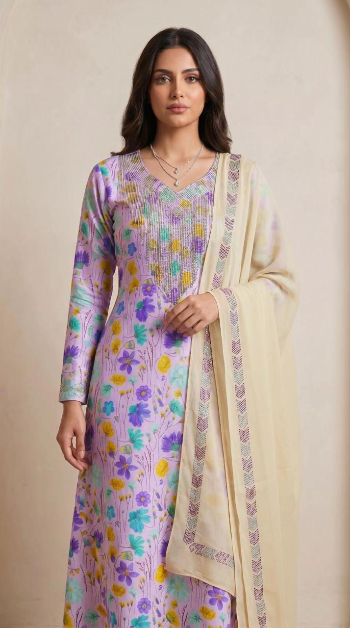 Designer Stone-Embellished Floral Mukhawar with Contrasting Beige Shaila - (A3)