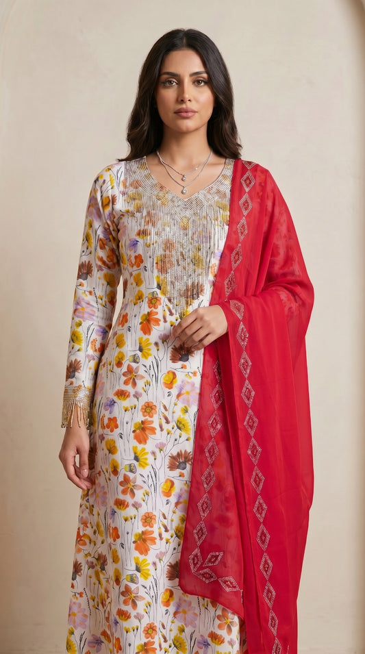 Designer Stone-Embellished Floral Mukhawar with Contrasting Red Shaila - (A2)