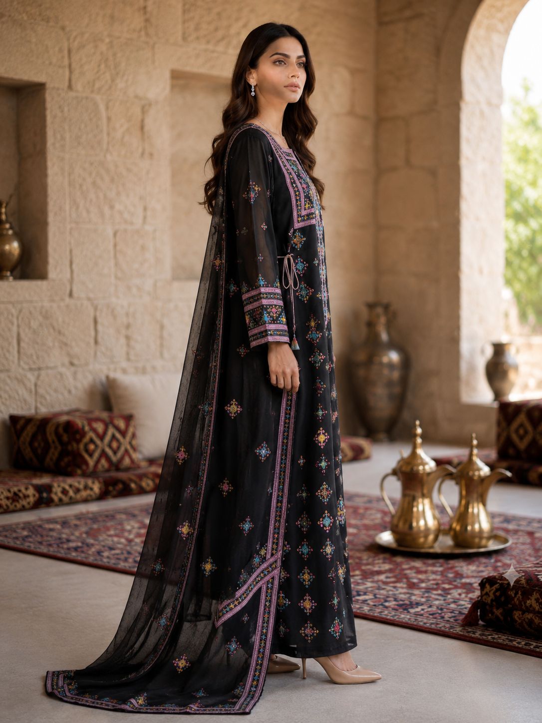 Ward Al Jouri Luxury Omani Mukhawar with Embroidered Shela – Classic Black