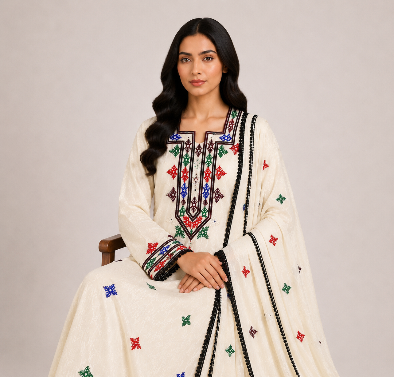 Noor Al Khaleej Luxury Hand Embroidered Mukhawar with Embellished Shaila – Ivory Beige | Premium Korean Crepe