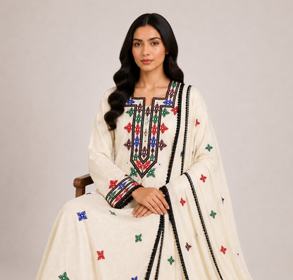 Noor Al Khaleej Luxury Hand Embroidered Mukhawar with Embellished Shaila – Ivory Beige | Premium Korean Crepe