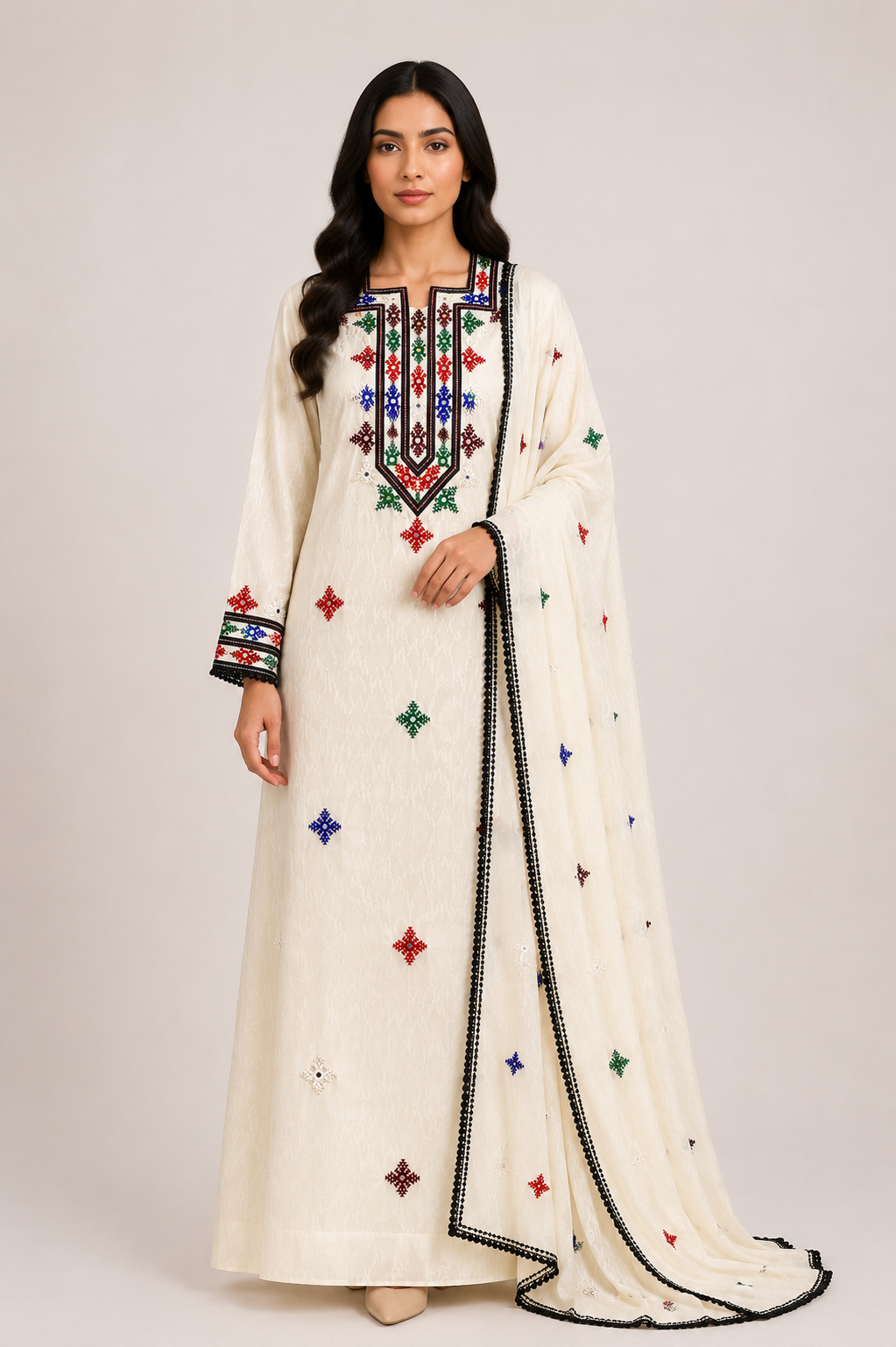 Noor Al Khaleej Luxury Hand Embroidered Mukhawar with Embellished Shaila – Ivory Beige | Premium Korean Crepe
