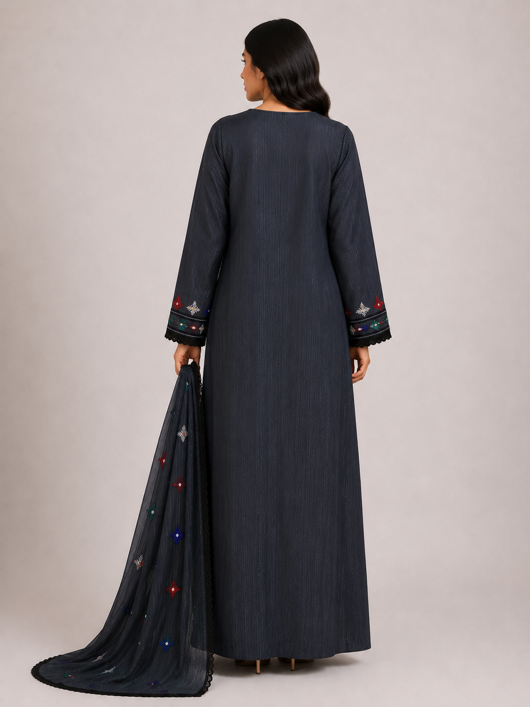 Noor Al Khaleej Luxury Hand Embroidered Mukhawar with Embellished Shaila – Midnight Black| Premium Korean Crepe