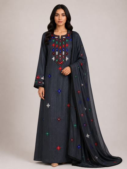 Noor Al Khaleej Luxury Hand Embroidered Mukhawar with Embellished Shaila – Midnight Black| Premium Korean Crepe