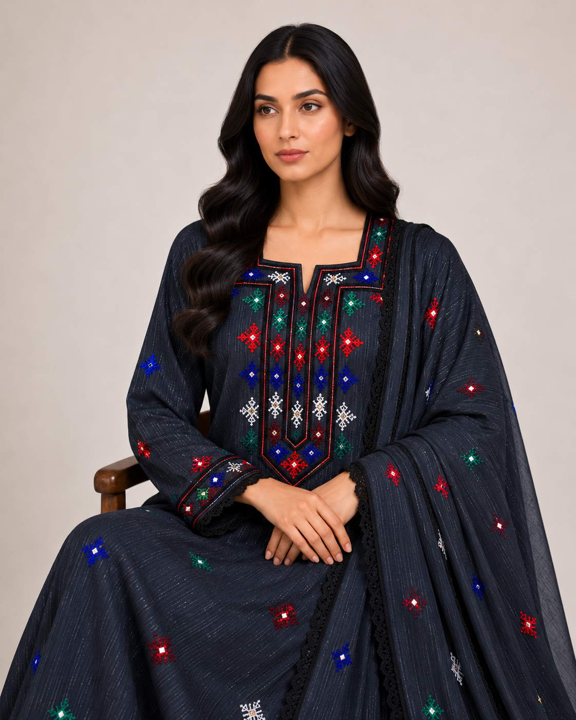 Noor Al Khaleej Luxury Hand Embroidered Mukhawar with Embellished Shaila – Midnight Black| Premium Korean Crepe