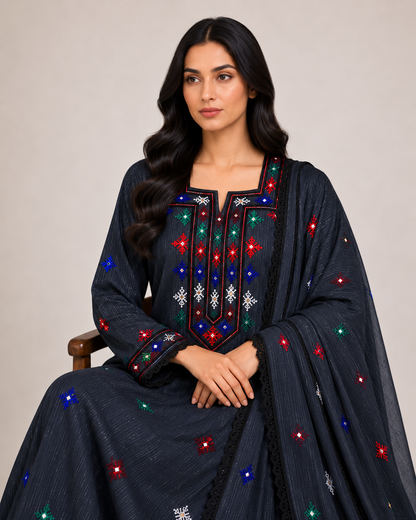 Noor Al Khaleej Luxury Hand Embroidered Mukhawar with Embellished Shaila – Midnight Black| Premium Korean Crepe