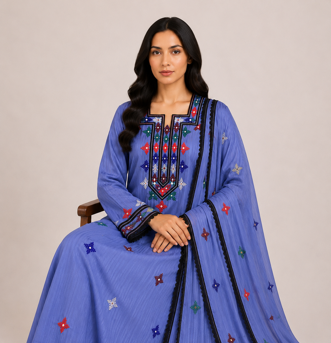 Noor Al Khaleej Luxury Hand Embroidered Mukhawar with Embellished Shaila – Blue| Premium Korean Crepe