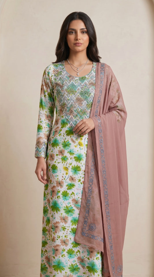 Designer Stone-Embellished Floral Mukhawar with Contrasting Beige Shaila - (A1)
