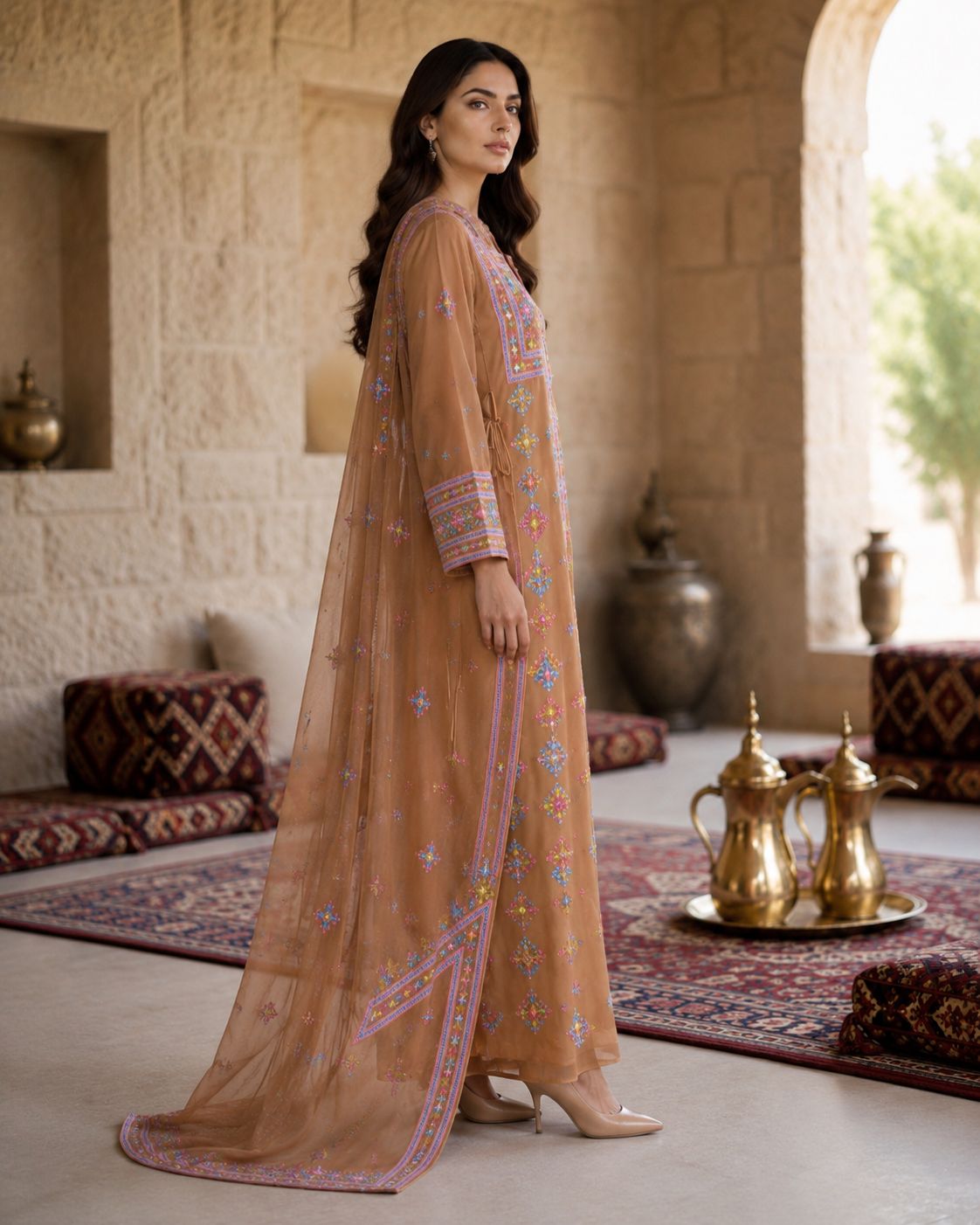 Ward Al Jouri Luxury Omani Mukhawar with Embroidered Shela – Desert Beige