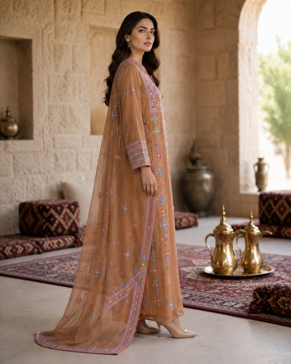 Ward Al Jouri Luxury Omani Mukhawar with Embroidered Shela – Desert Beige