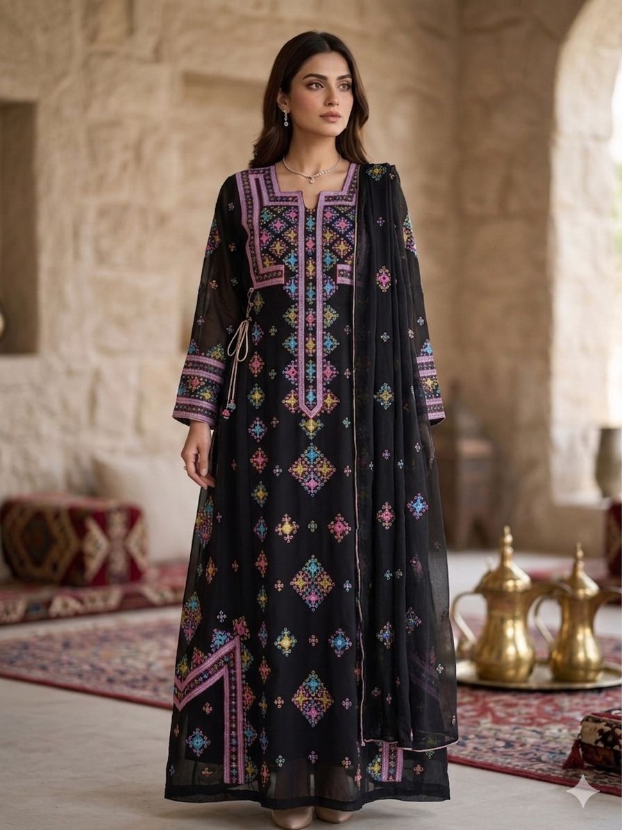 Ward Al Jouri Luxury Omani Mukhawar with Embroidered Shela – Classic Black