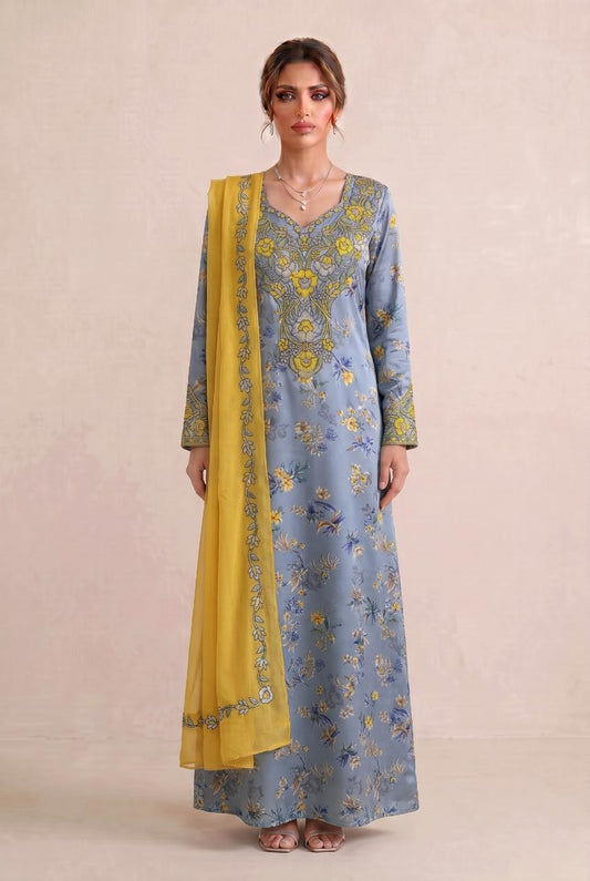 Premium Designer Mukhawar – Soft Yellow & Grey  Floral Ensemble - (B 4)