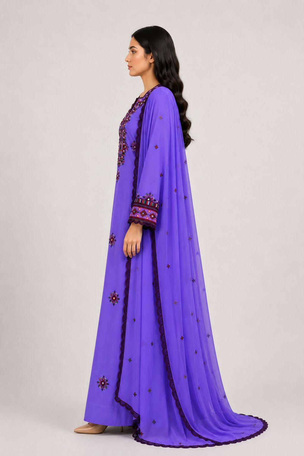 Mukhawar Luxury Hand Embroidered Outfit with Embellished Shaila –Violet Purple