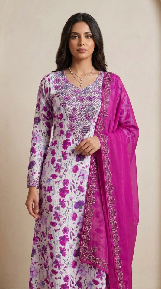 Designer Stone-Embellished Floral Mukhawar with Contrasting Purple Shaila - (A1)