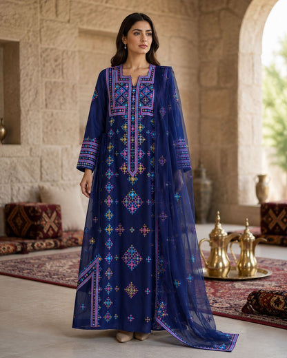 Ward Al Jouri Luxury Omani Mukhawar with Embroidered Shela – Midnight Blue
