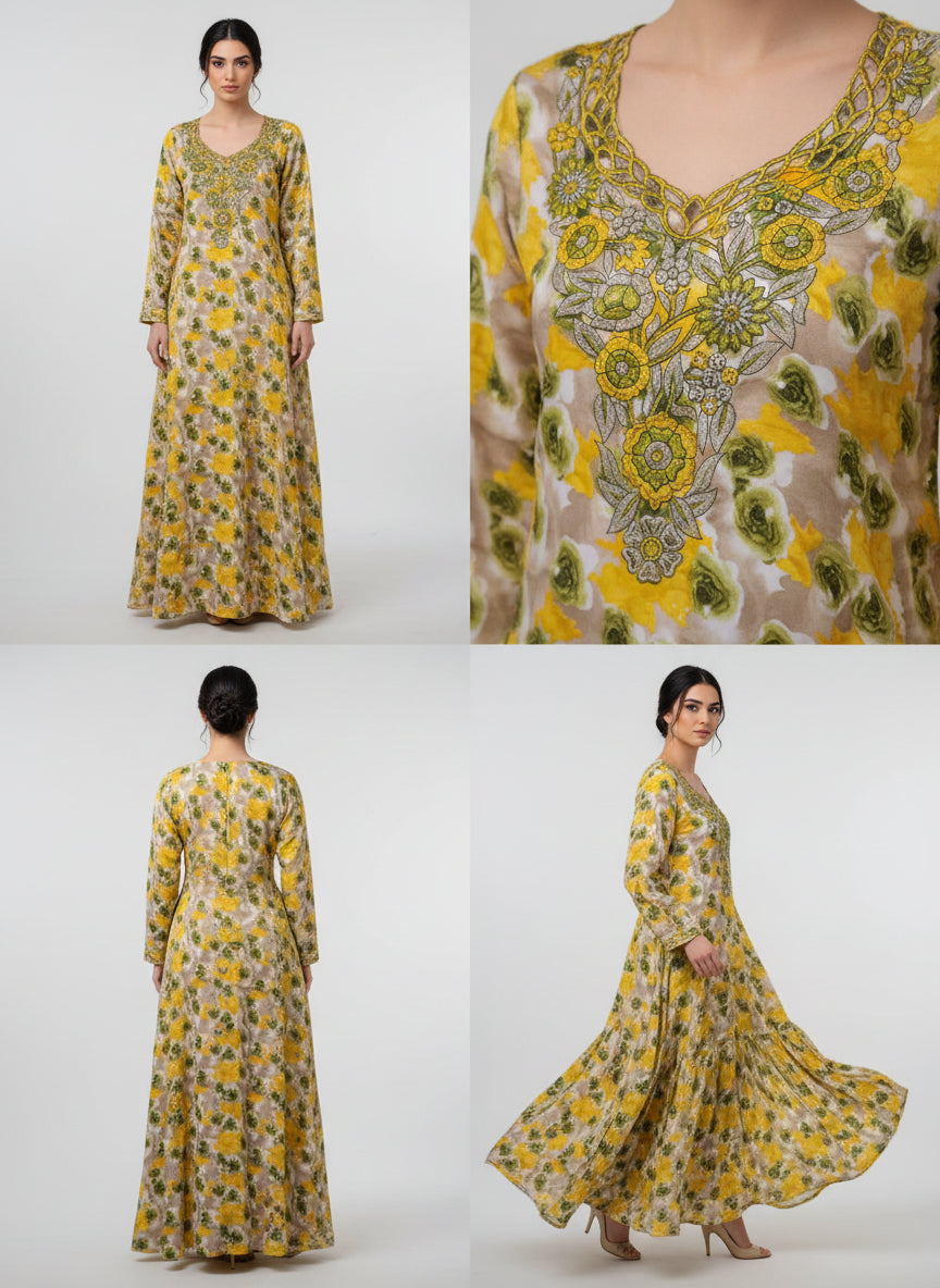 Luxury Embroidered Cotton Mukhawar with shaila (B8 yellow)