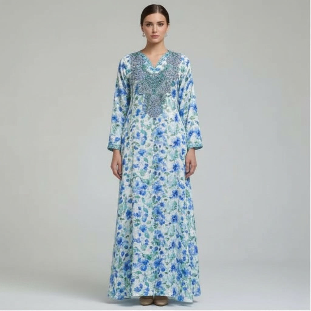 Elegant Floral Embroidered Mukhawar - Blue & White