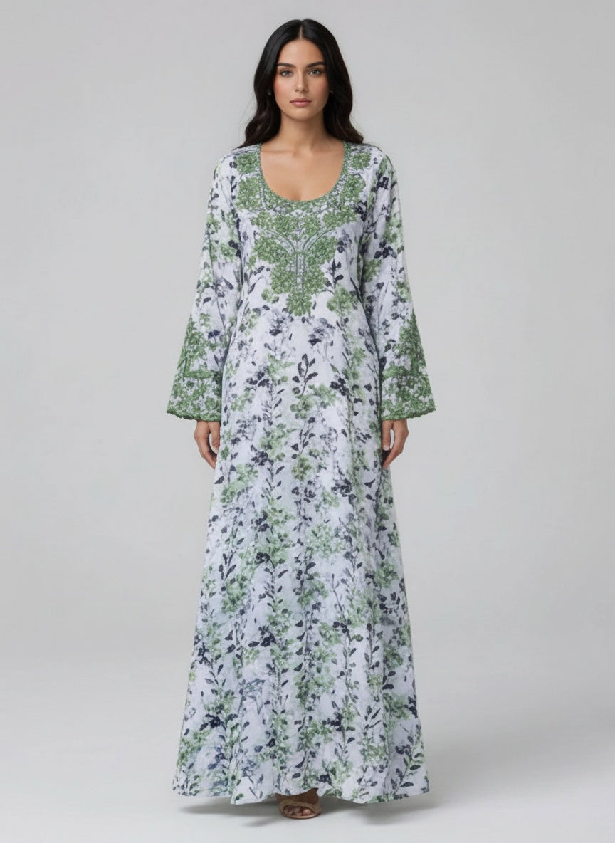 Elegant Floral Embroidered Mukhawar -White & Green  (C4)