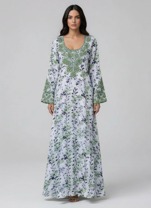 Elegant Floral Embroidered Mukhawar -White & Green  (C4)