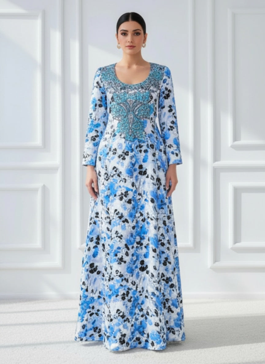 Elegant Floral Embroidered Mukhawar -White & Blue  (C4)