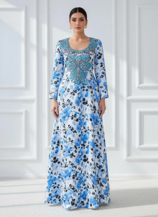 Elegant Floral Embroidered Mukhawar -White & Blue  (C4)