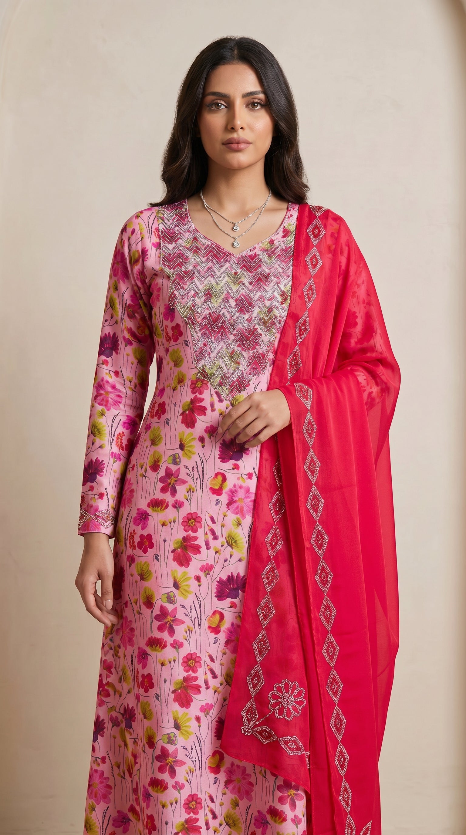 Designer Stone-Embellished Floral Mukhawar with Contrasting Pink Shaila - (A3)