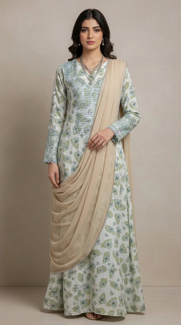 Designer Stone-Embellished Floral Mukhawar with Contrasting Beige Shaila - (A4)