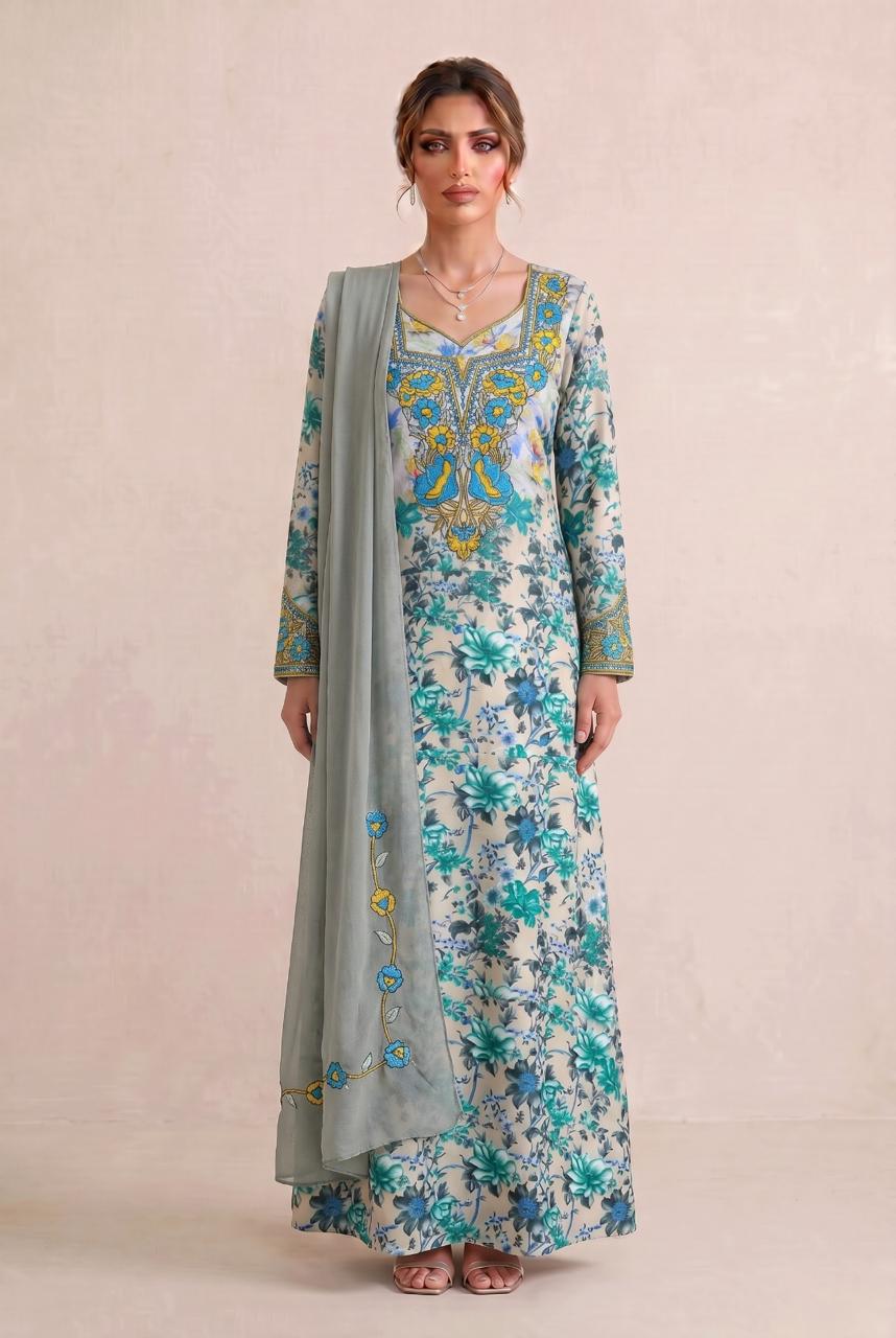 Premium Designer Mukhawar – Soft Yellow & Blue  Floral Ensemble - (B 6)