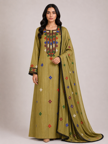 Noor Al Khaleej Luxury Hand Embroidered Mukhawar with Embellished Shaila – Mustard| Premium Korean Crepe