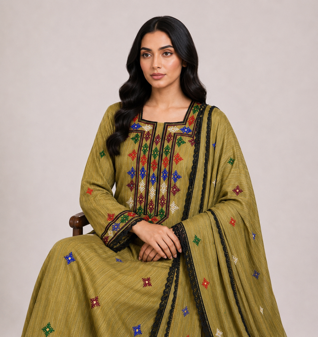 Noor Al Khaleej Luxury Hand Embroidered Mukhawar with Embellished Shaila – Mustard| Premium Korean Crepe