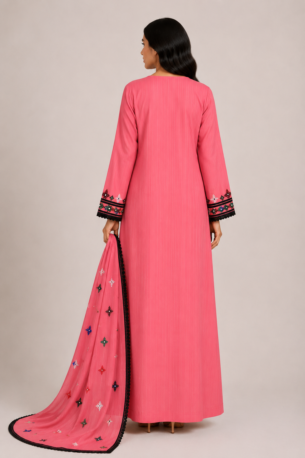 Noor Al Khaleej Luxury Hand Embroidered Mukhawar with Embellished Shaila – Pinkish | Premium Korean Crepe