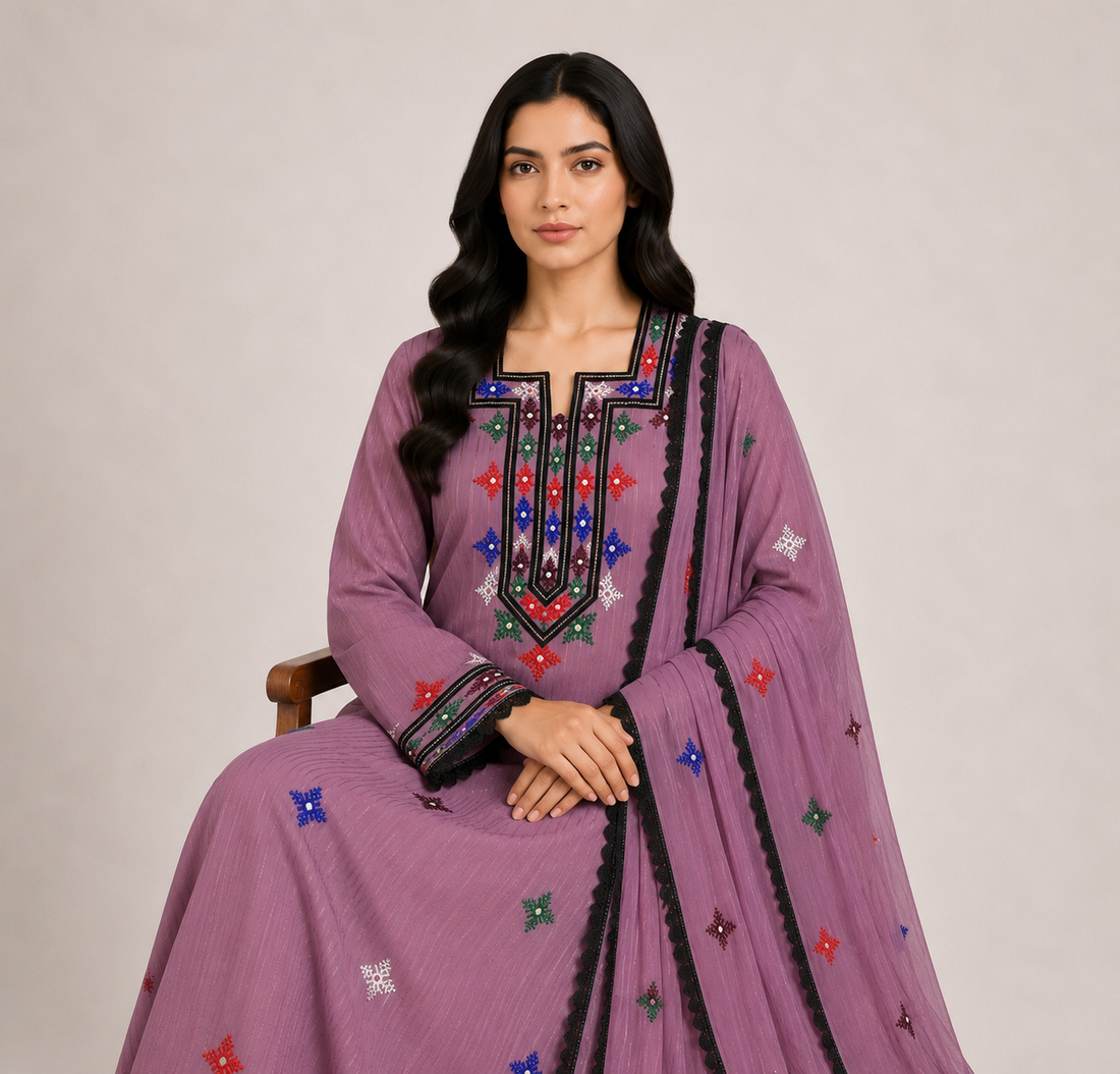 Noor Al Khaleej Luxury Hand Embroidered Mukhawar with Embellished Shaila – Purple | Premium Korean Crepe